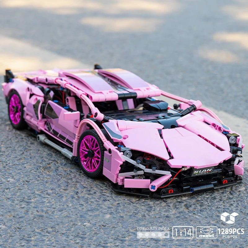 1289PCS Pink Lambo sports car building blocks 