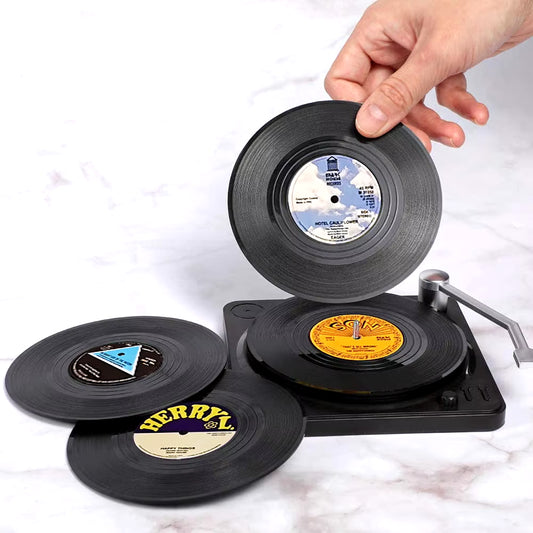 Set of 6 Vinyl coasters for drinks music coasters with vinyl record player holder 