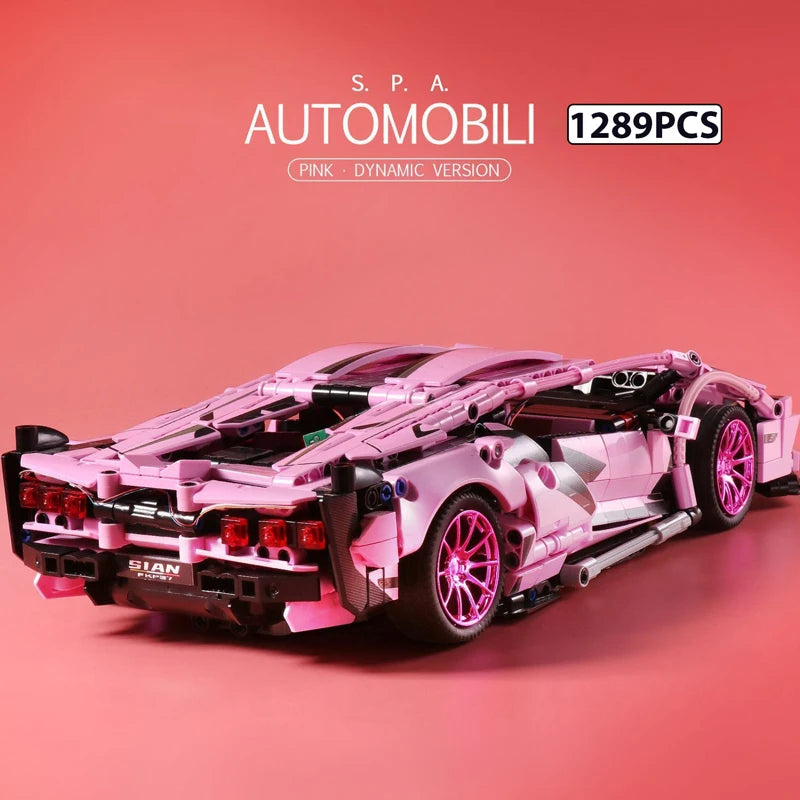 1289PCS Pink Lambo sports car building blocks 