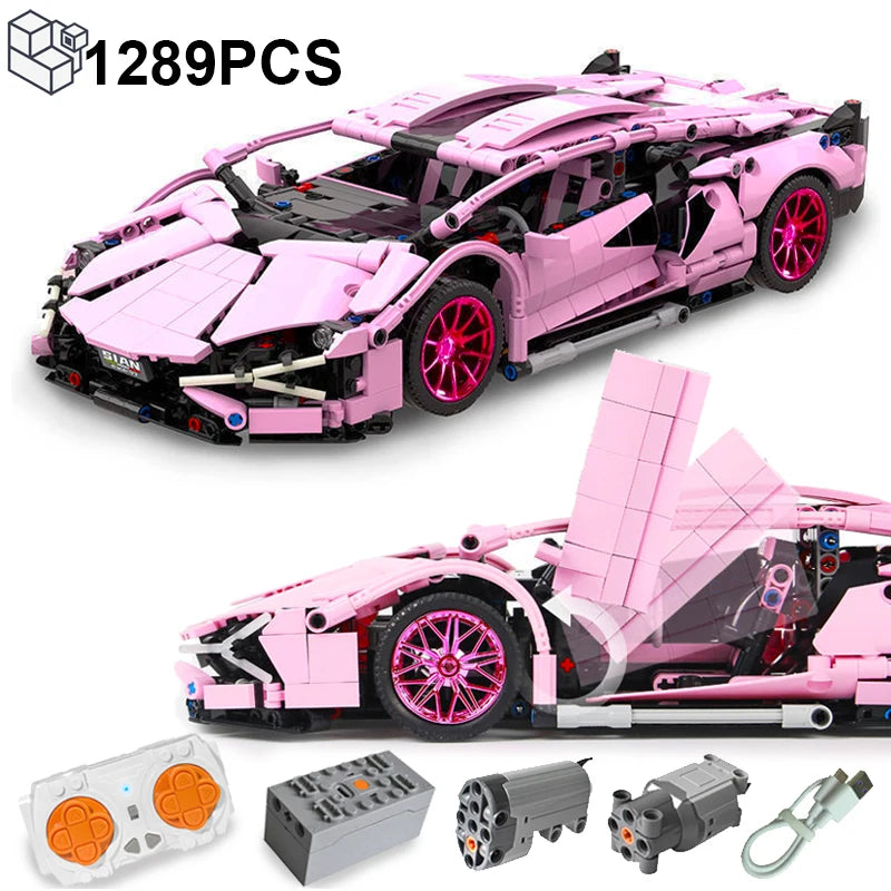 1289PCS Pink Lambo sports car building blocks 