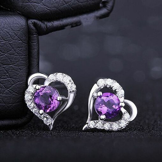 Sterling silver purple crystal heart earrings 