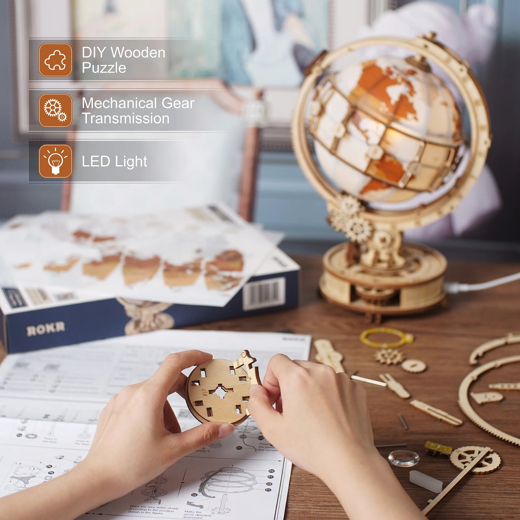 Wooden globe lamp 3D puzzle 